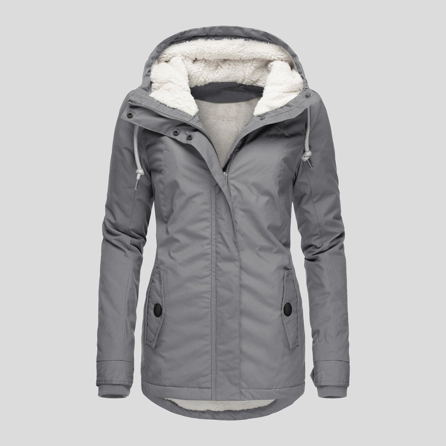 Winter Hooded Jacket Solid Color Warm Buckle Zip-up Fleece Jacket With Pockets Women's Casual Jacket Koalakits36