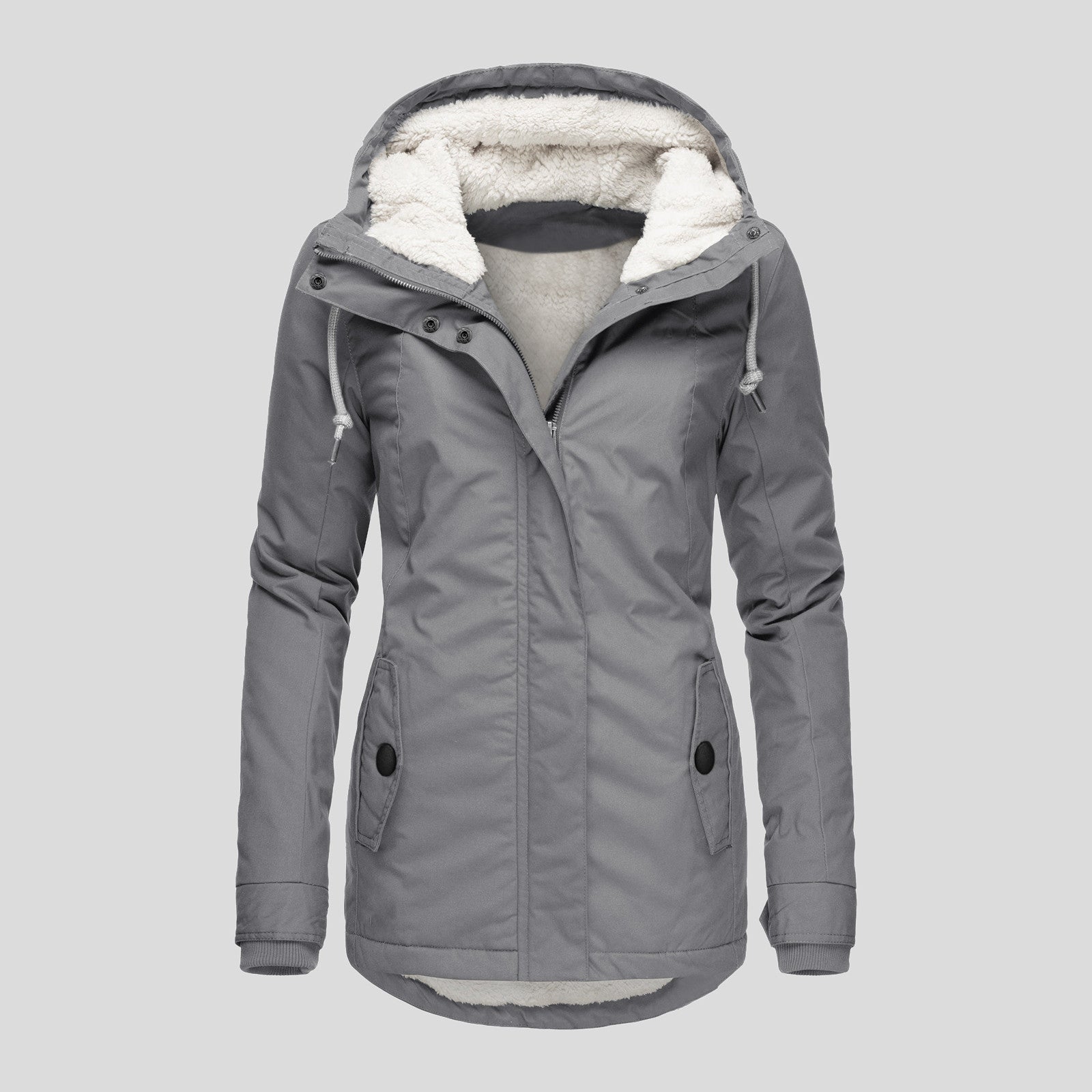 Winter Hooded Jacket Solid Color Warm Buckle Zip-up Fleece Jacket With Pockets Women's Casual Jacket Koalakits36