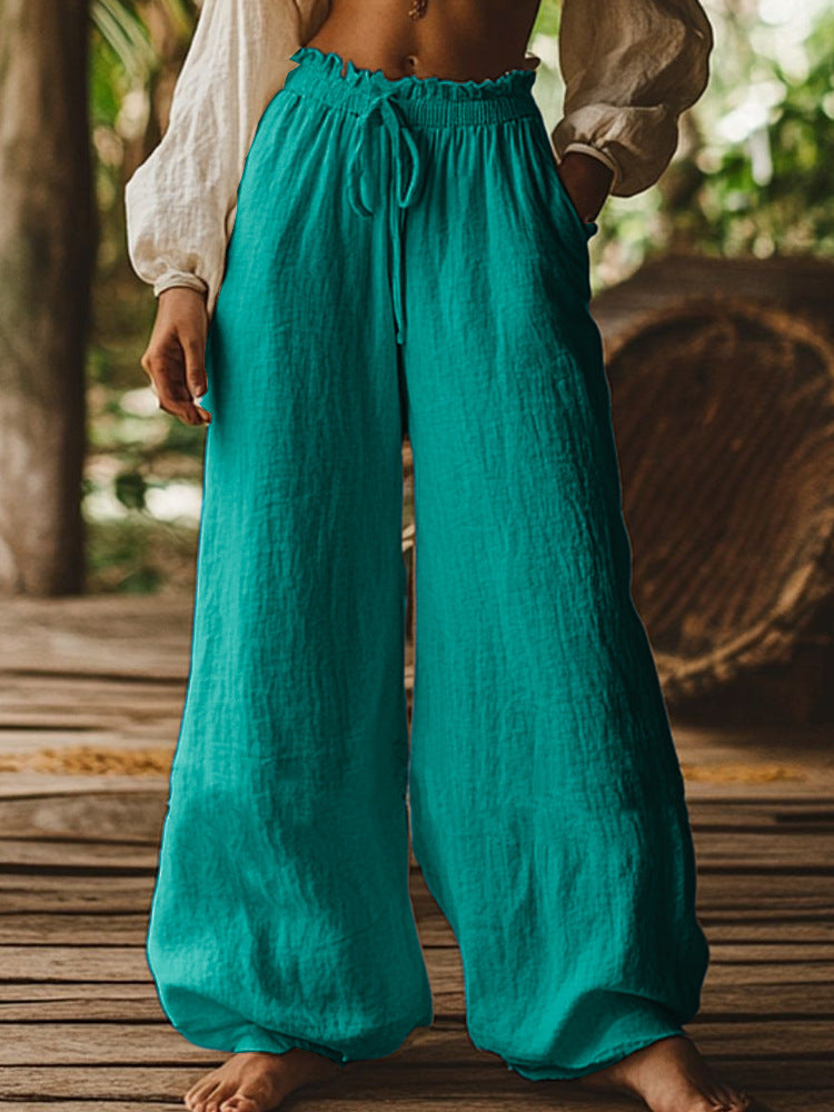 Fashion Casual Loose Artistic Pocket Drawstring Elastic Waist Wide Leg Pants Koalakits36