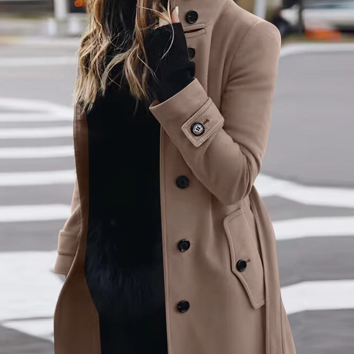 Woolen Winter Coat Women's Slim Fit Cardigan Large Coat with Long Sleeve Single Breasted Stand Collar Koalakits36