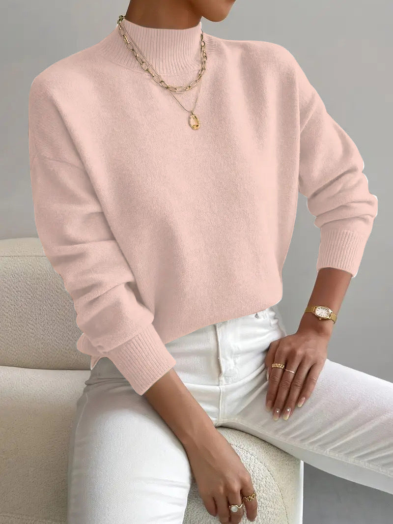 Women's Pullover Sweater Casual Solid Color Mid-high Neck Long-sleeved Knitted Tops koalakits36