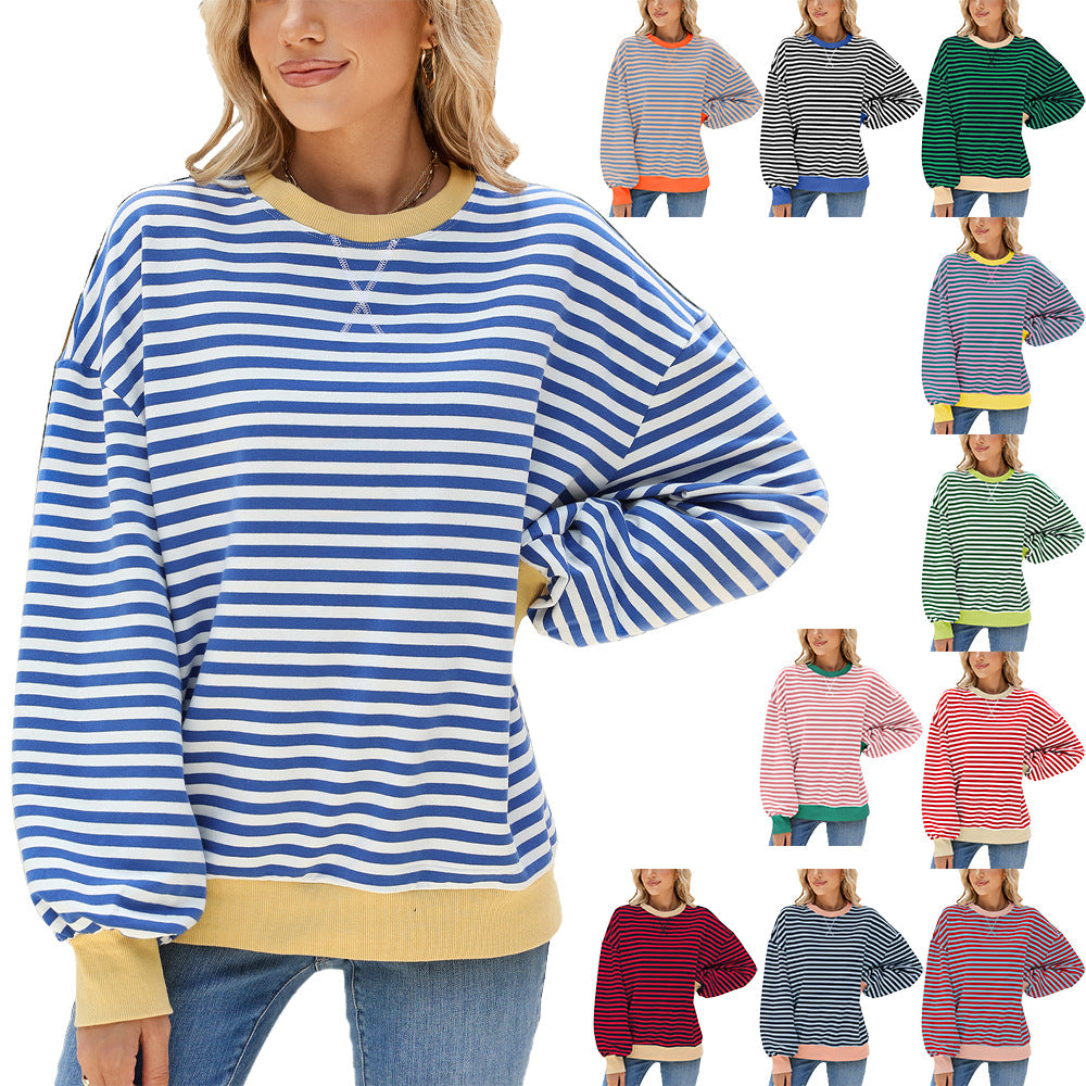 Women's Stripes Round Neck Contrast Color Loose Long Sleeve Sweatshirt
