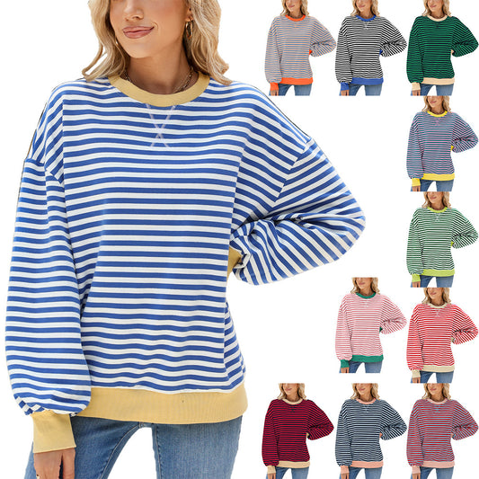 Women's Stripes Round Neck Contrast Color Loose Long Sleeve Sweatshirt