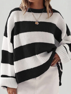 Loose Striped Sweater Fashion Casual Long Batwing Sleeve Round Neck Pullover Knit Tops Koalakits36