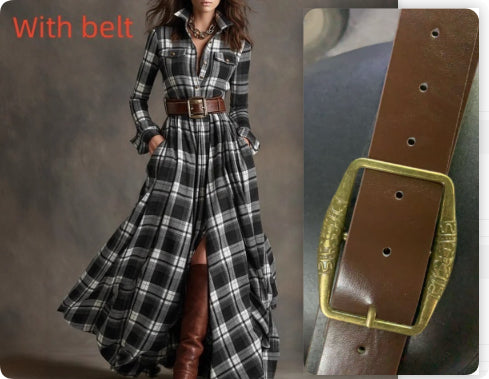 Plaid Print Long-Sleeved Dress Fashion Pockets Collared Buttons Shirt Long Dresses Retro Koalakits36