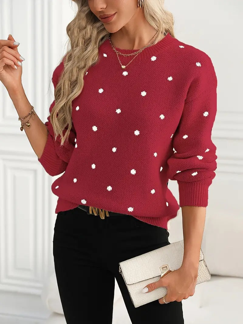Fashion Polka Dot Print Pullover Sweater Casual Long-sleeved Knitted Tops Koalakits36