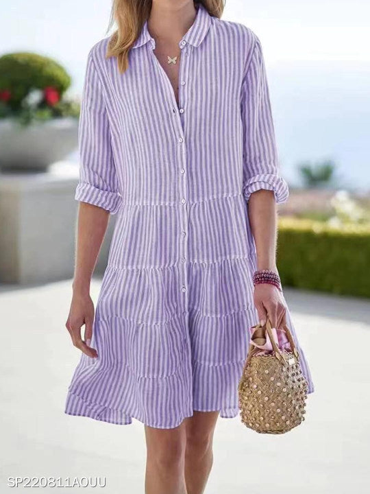 Striped Long-sleeved Shirt Dress Fashion Lapel Button Dresses For Women | Koalakits36