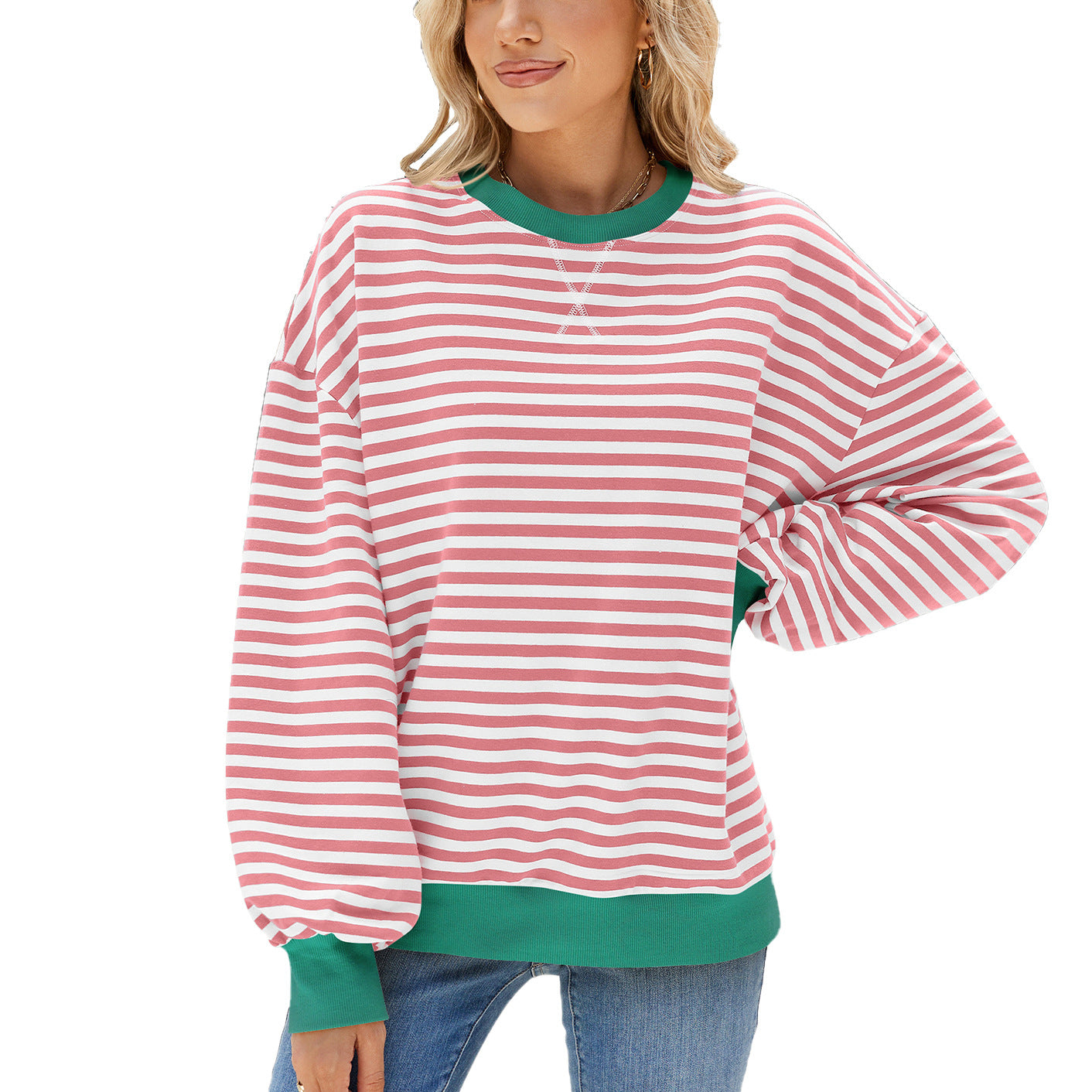 Women's Stripes Round Neck Contrast Color Loose Long Sleeve Sweatshirt