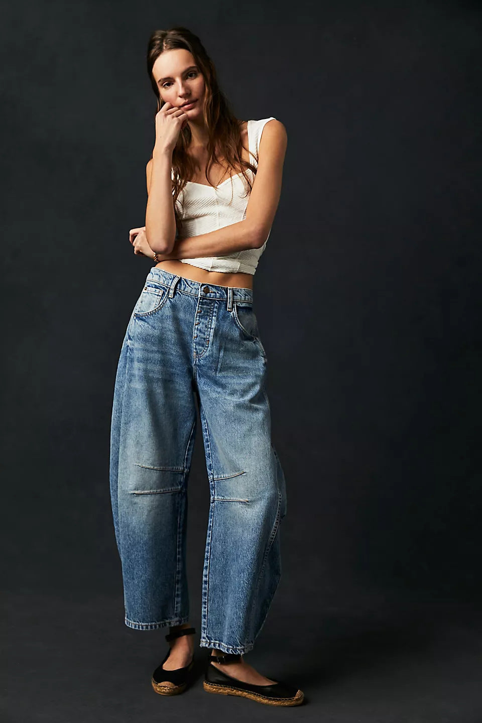 High Stretch Mid-Rise Barrel Jeans Fashion Wide Leg Shape Women Casual Baggy Mid Waist  | Koalakits36