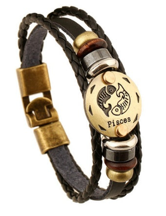 12 Zodiac Constellation Leather Bracelet – Stylish Metal Sign Charm & Beaded Wristband for Men and Women