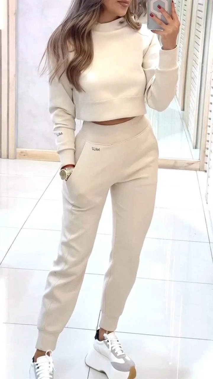 Sports Suit Fashion Pullover Long-sleeves Short Top And Slim Trousers With Pockets Solid Outfits Women's Clothing