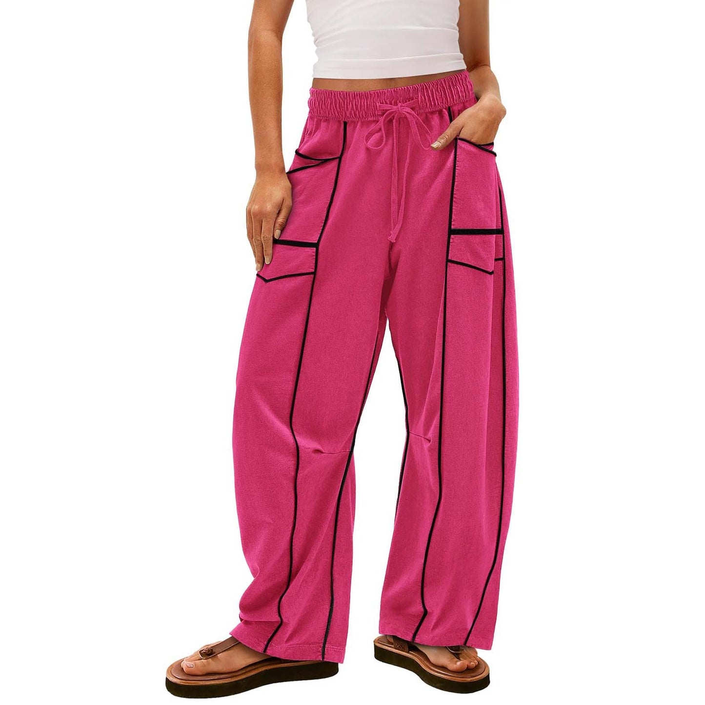  BLACK STRIPED WIDE-LEG PANTS WITH POCKETS FASHION LOOSE DRAWSTRING TROUSERS | Koalakits36