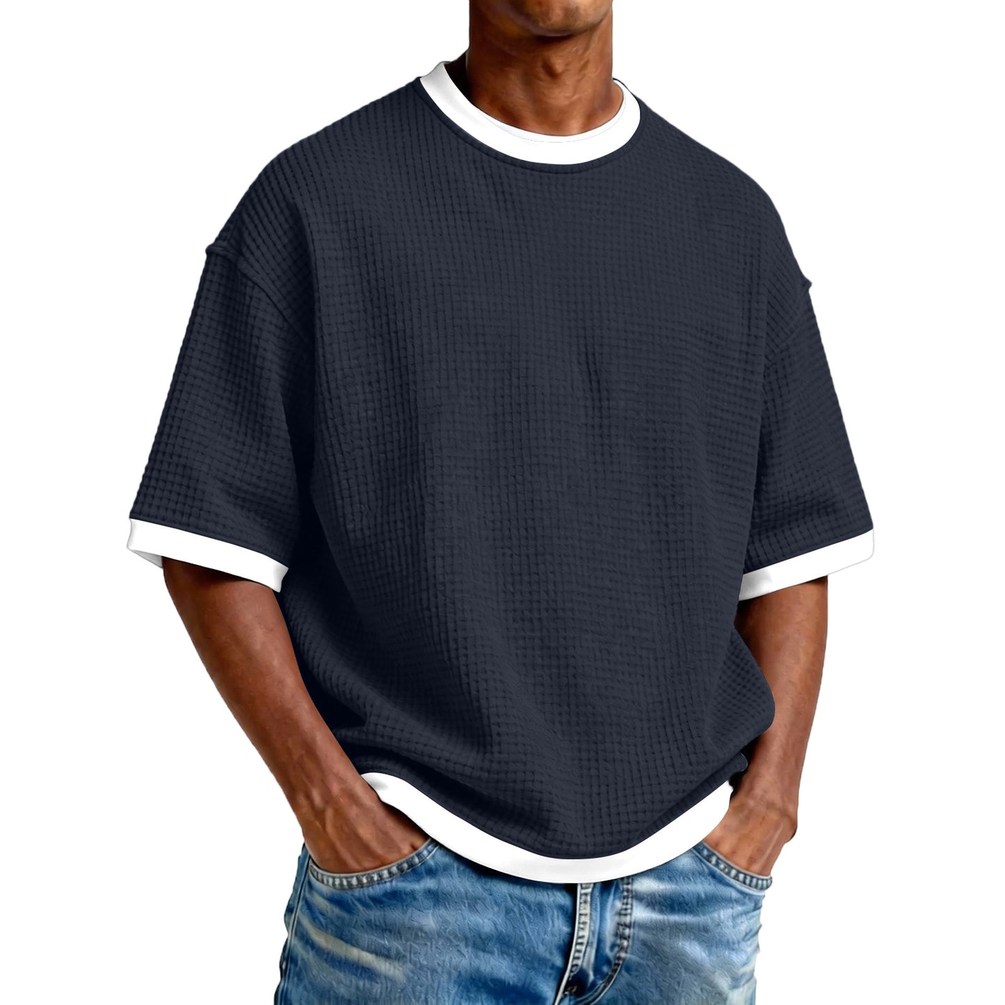 Men's Crew Neck Contrast Color Casual T-Shirt - Cotton Blend Lightweight Short Sleeve Top For Daily Wear