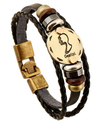 12 Zodiac Constellation Leather Bracelet – Stylish Metal Sign Charm & Beaded Wristband for Men and Women