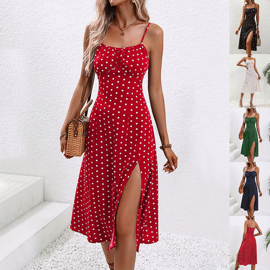 New Polka Dot Print Suspender Dress Summer Sexy Slit Long