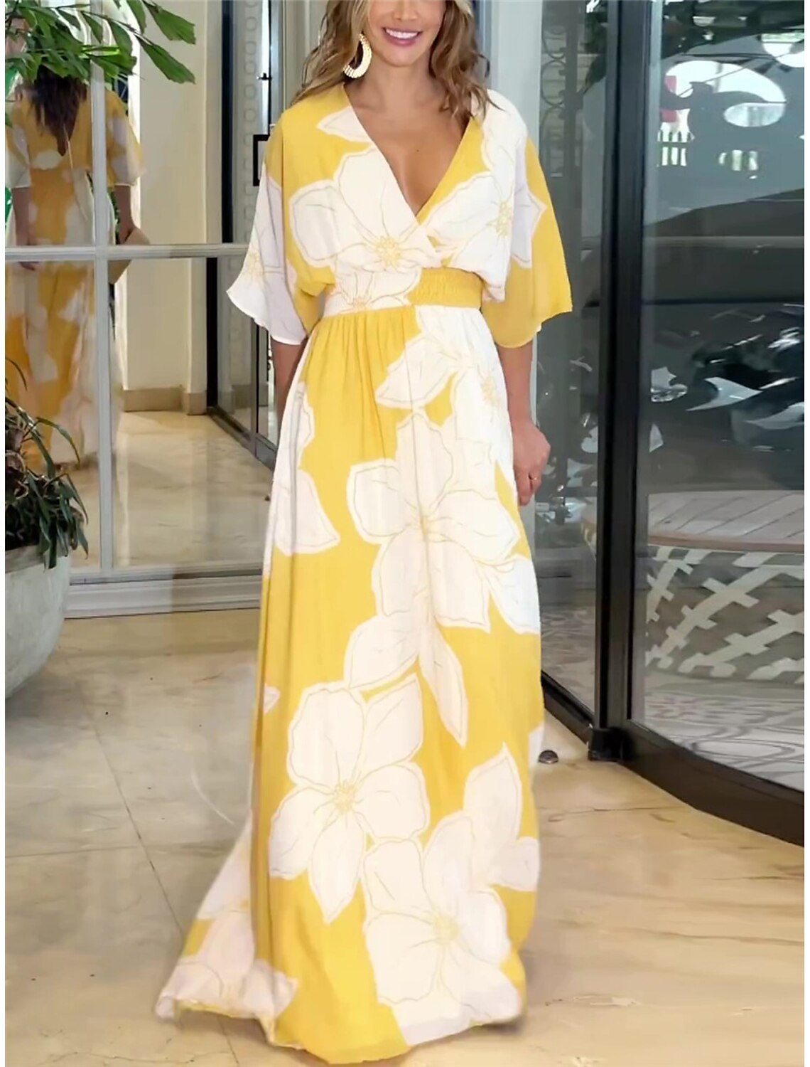 Flower Printed V-neck Batwing-sleeved Dress Fashion Elegant  Backless | Koalakits36