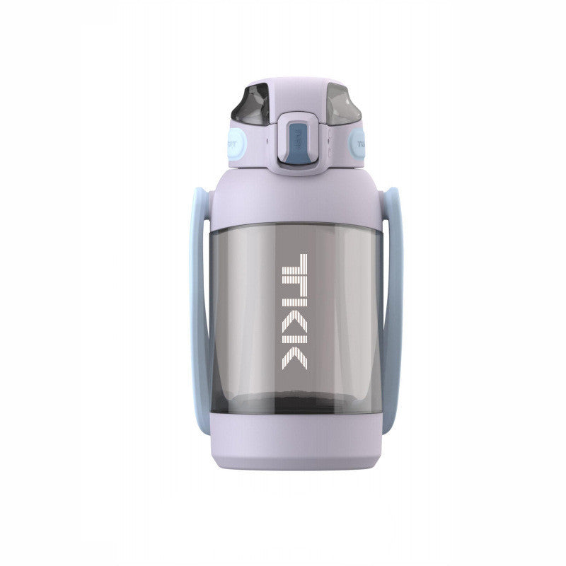 Children's water bottle with a purple lid and base, gray body, and blue handle Koalakits36