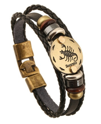 12 Zodiac Constellation Leather Bracelet – Stylish Metal Sign Charm & Beaded Wristband for Men and Women