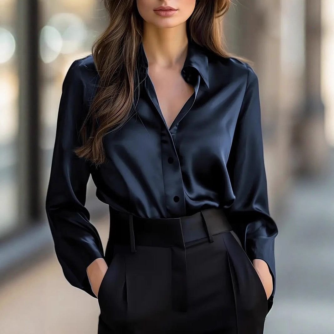 Elegant Satin Long Sleeve Blouse For Women Button-Up Collar Shirt Perfect For Casual Professional Business Work Wear Koalakits36