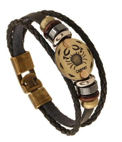 12 Zodiac Constellation Leather Bracelet – Stylish Metal Sign Charm & Beaded Wristband for Men and Women