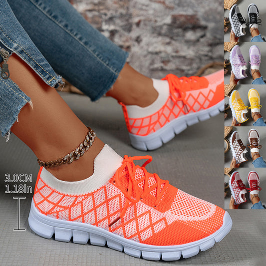 Colorblock Plaid Lace-Up Flyknit Sneakers Ins Mesh Casual Shoes Fashion Breathable | Koalakits36