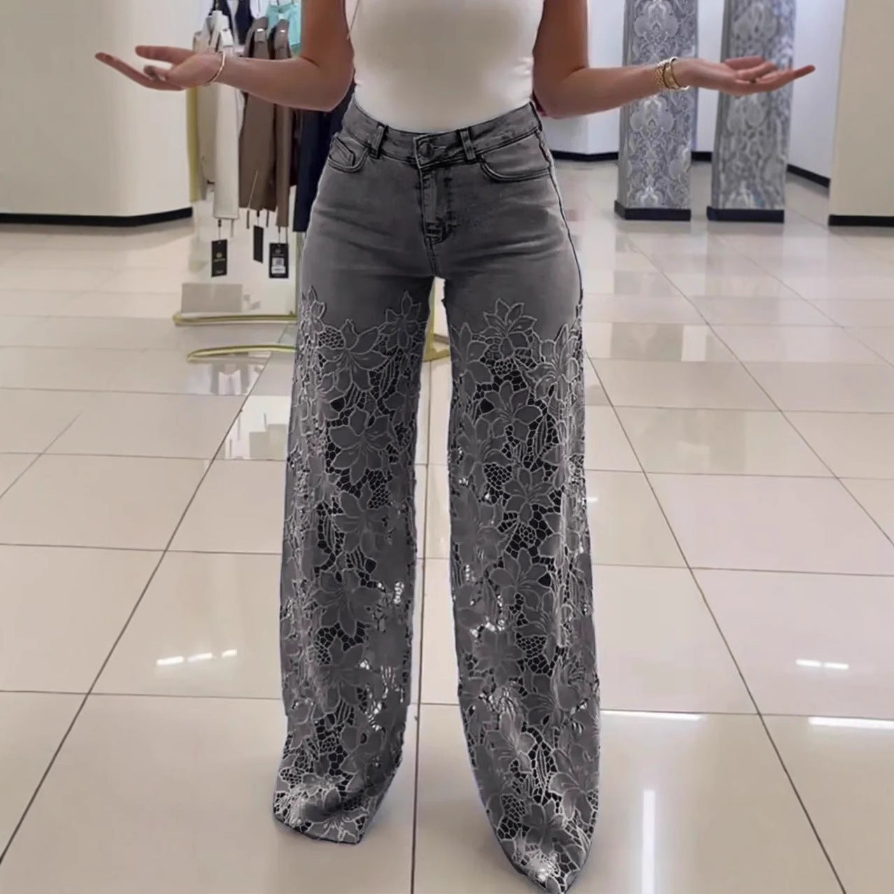 Lace Flowers Hollow Jeans Fashion High Waist Straight Wide Leg Pants Solid Color Trouser | Koalakits36