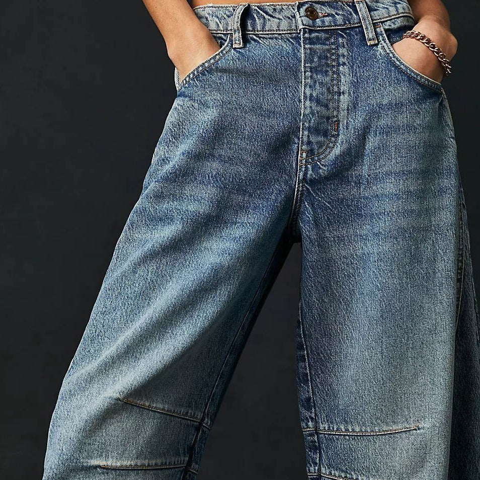 High Stretch Mid-Rise Barrel Jeans Fashion Wide Leg Shape Women Casual Baggy Mid Waist  | Koalakits36