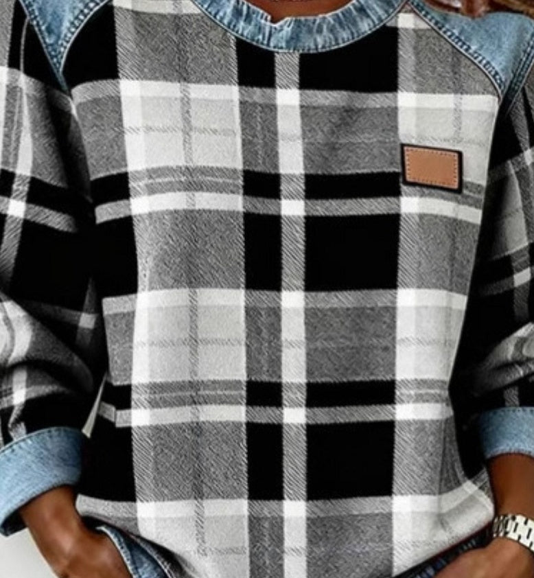 Denim Patchwork Sweatshirt for Women | Long Sleeve Pullover