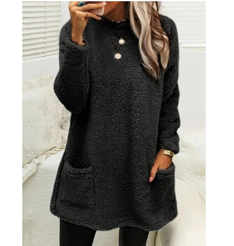 Women's Fleece Pullover Long Sweater With Pockets with Hoodie Winter Warm Thicken Casual Long Sleeve Plush Loose Tops Koalakits36