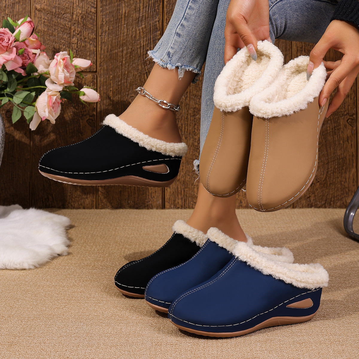 Women’s Fashion Plush Slippers Outdoor Wedges Sandals