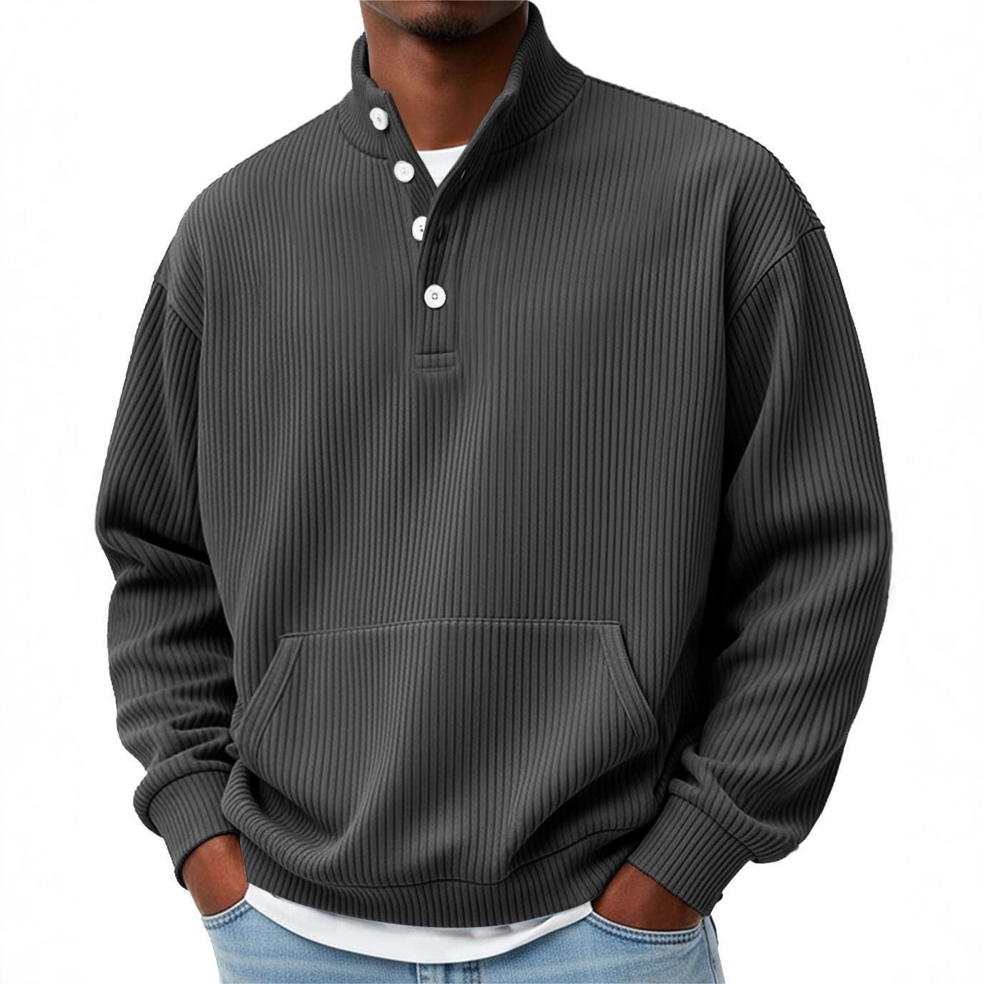 Turtleneck Casual Long-Sleeve Polo Sweatshirt With Pockets For Men Spring Autumn Clothing Loose Button Polo Collar Tees Tops Man Outwear
