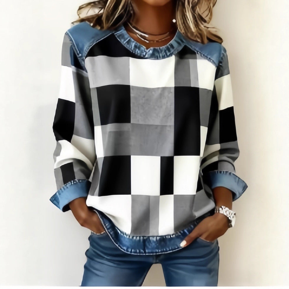 Denim Patchwork Sweatshirt for Women | Long Sleeve Pullover
