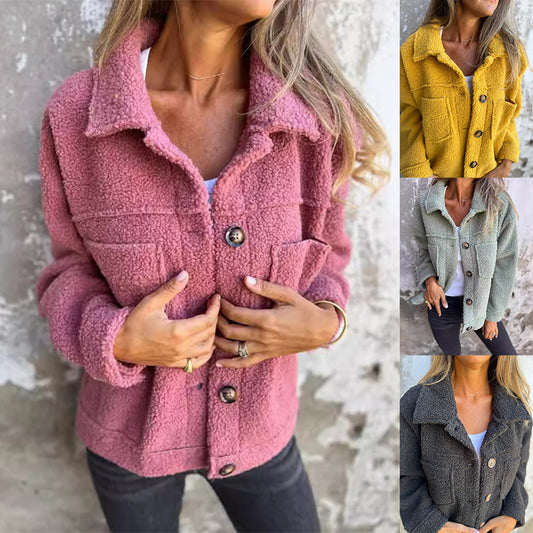 Women's Lamb Wool Coat Winter Lapel Single Breasted Jacket Outwear Warm Cropped Tops