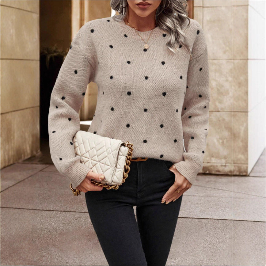 Fashion Polka Dot Print Pullover Sweater Casual Long-sleeved Knitted Tops Koalakits36