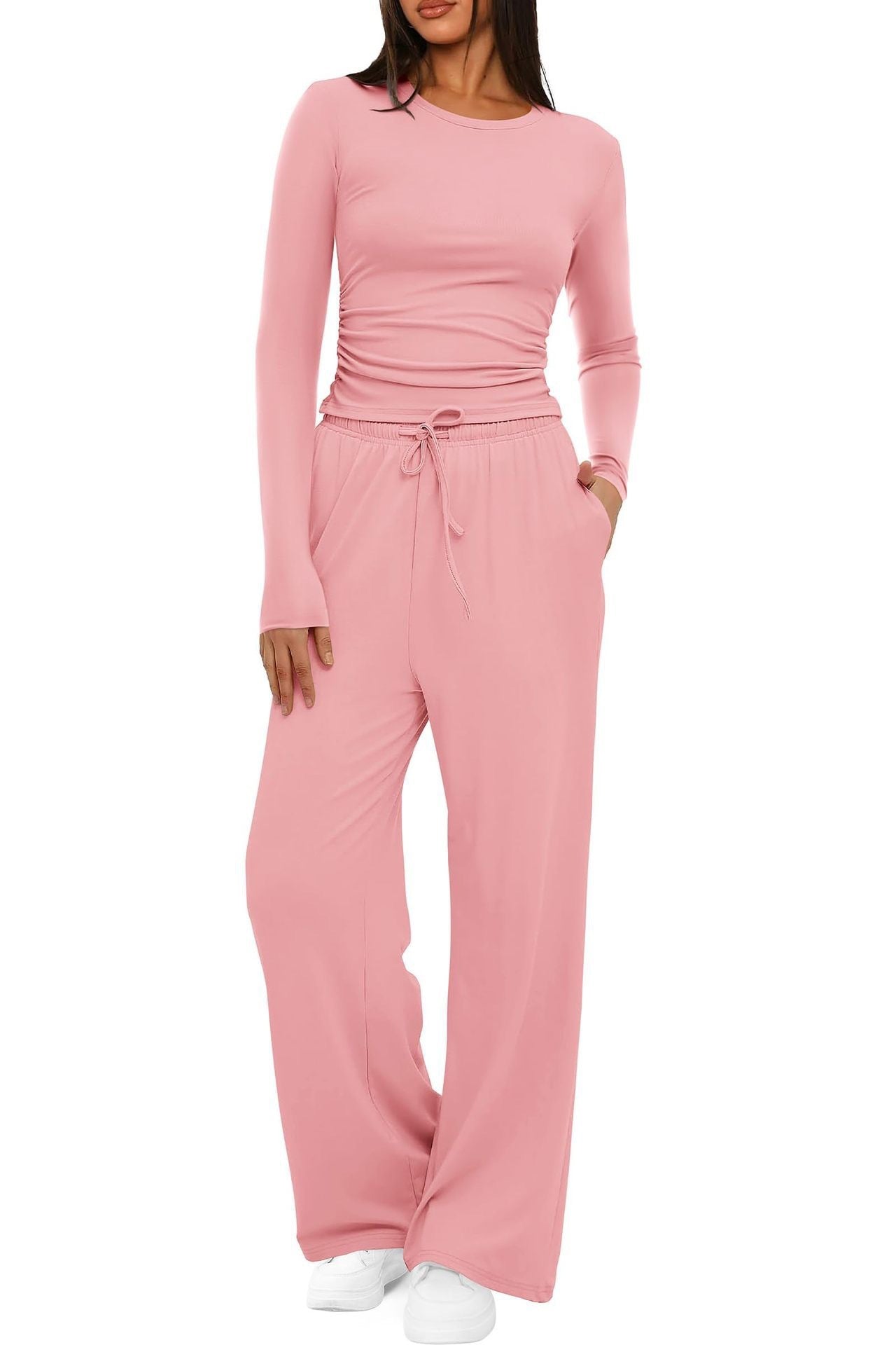 Women's Casual Suit Long Sleeve Tops High Waisted Wide Leg Pants Sportswear Clothes Solid Color | Koalakits36