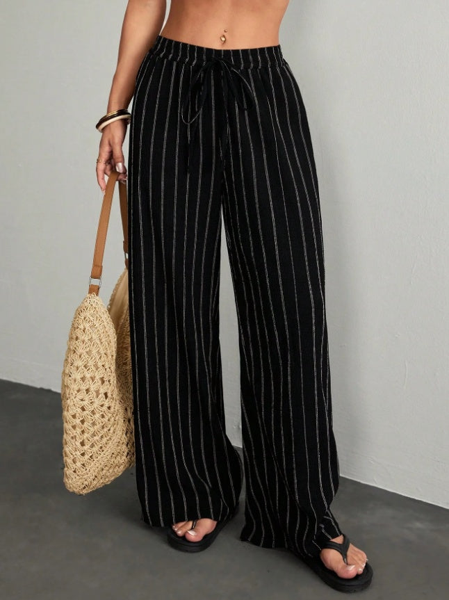 Plus Size High-Waisted Textured Wide-Leg Pants Pear-Shaped Body Slimming Vertical Striped