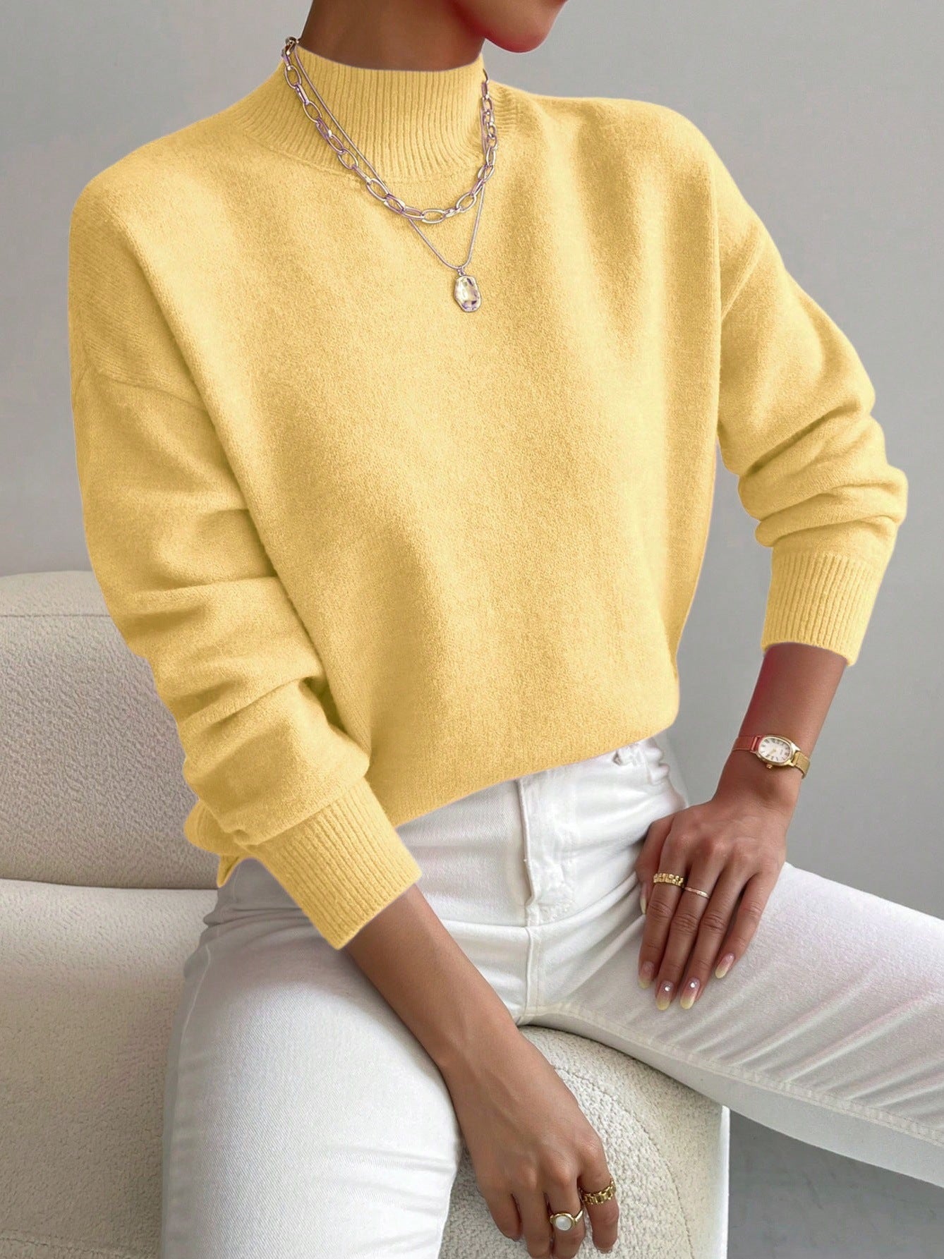 Women's Pullover Sweater Casual Solid Color Mid-high Neck Long-sleeved Knitted Tops koalakits36