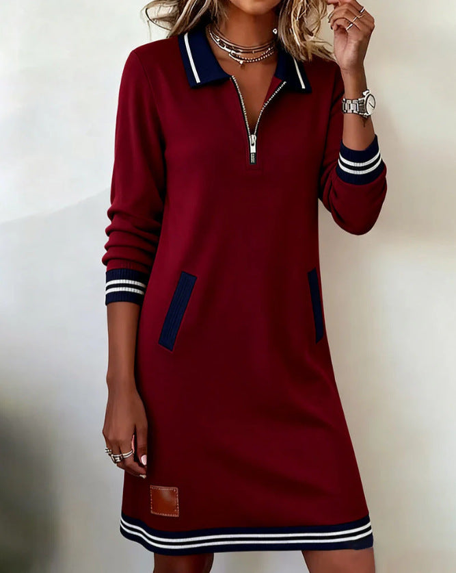 Women Casual Sports Dress Fashion Lapel Zipper Pockets Long Sleeve Dresses Koalakits36