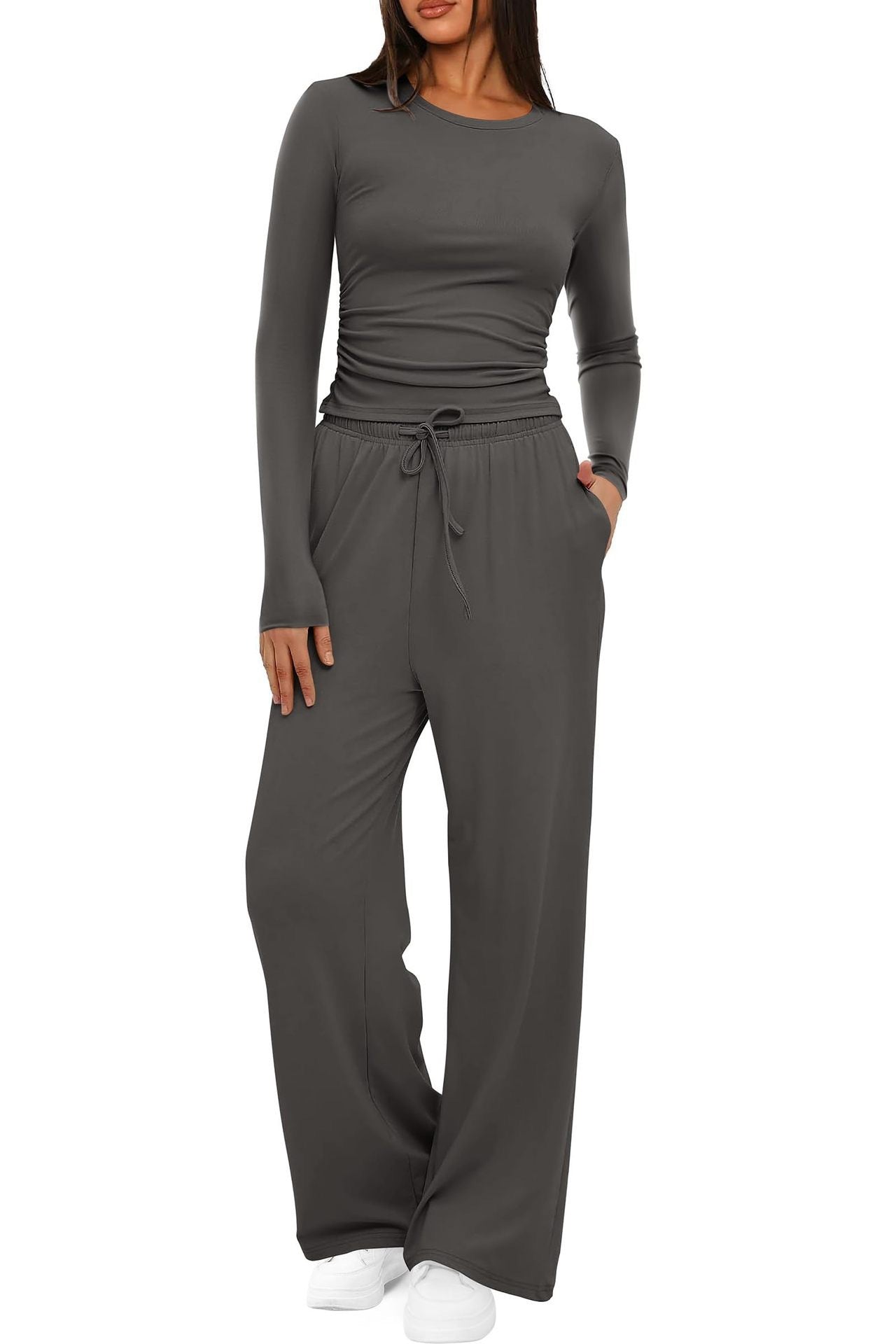 Women's Casual Suit Long Sleeve Tops High Waisted Wide Leg Pants Sportswear Clothes Solid Color | Koalakits36