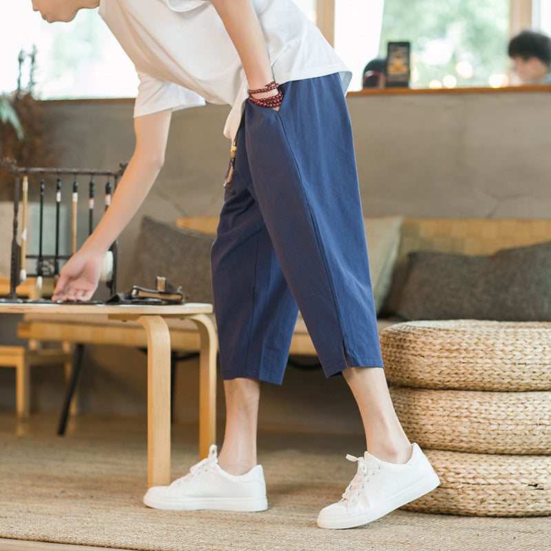 Mens Linen Capri Pants Casual And Loose-fit Shorts