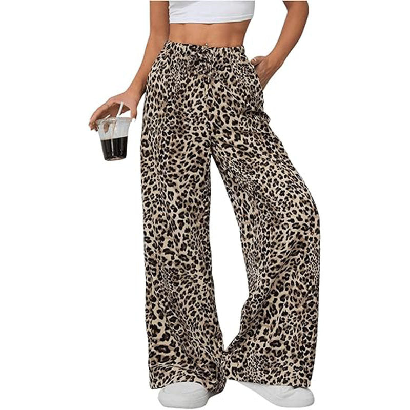 Leopard Print High Waisted Wide-Leg Pants Elegant Drawstring Loose Long Trousers | Koalakits36