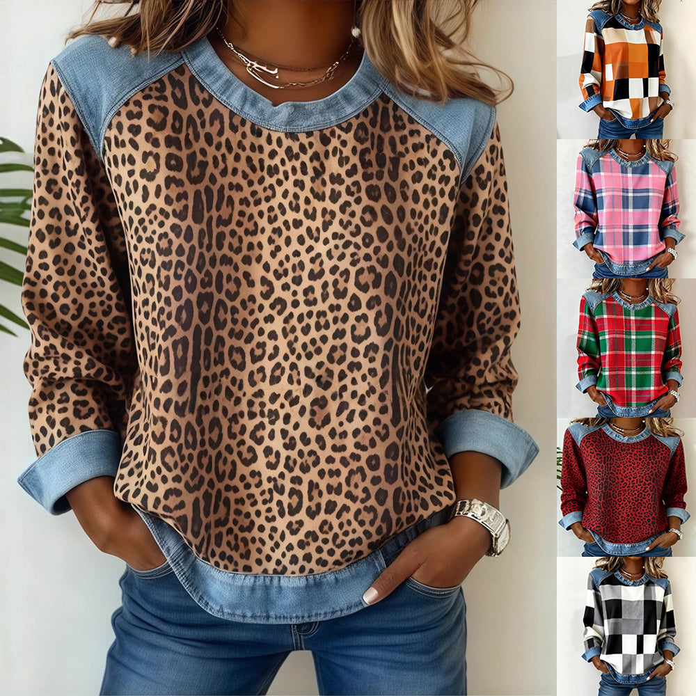 Denim Patchwork Sweatshirt for Women | Long Sleeve Pullover