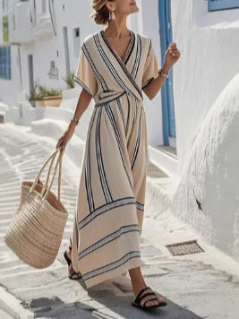 Casual Loose Retro Striped Print Holiday Dress Summer Short Sleeve V Neck Robes Dress Boho Beach Pleated A-Line Long Dress Woman