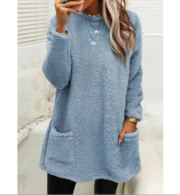 Women's Fleece Pullover Long Sweater With Pockets with Hoodie Winter Warm Thicken Casual Long Sleeve Plush Loose Tops Koalakits36
