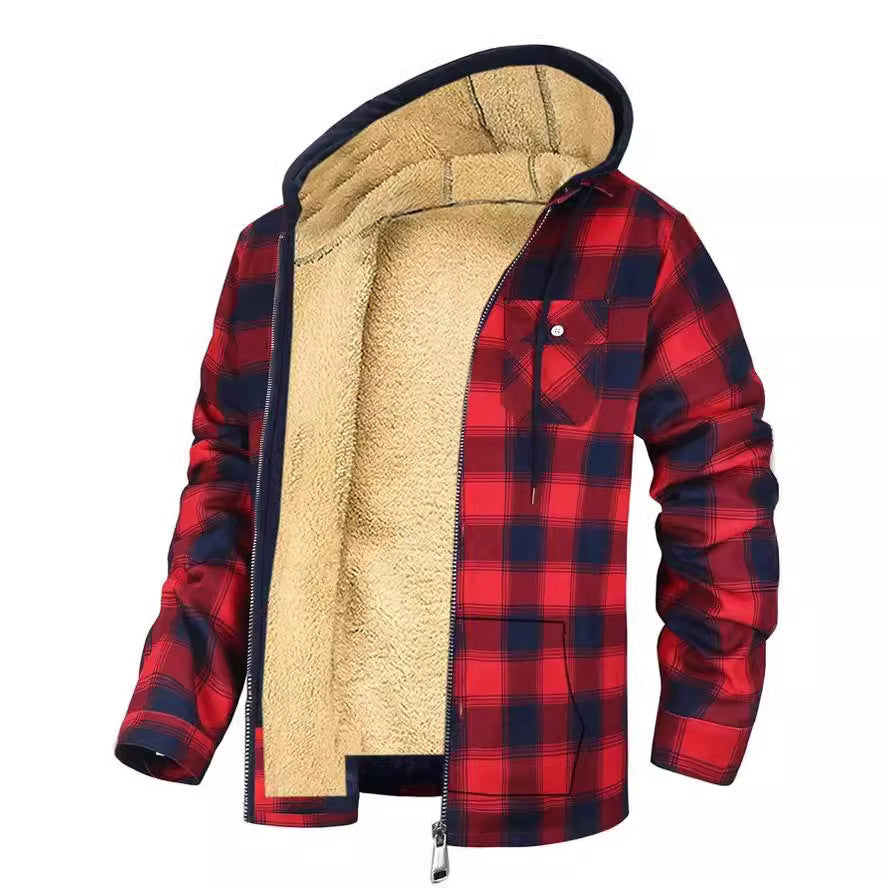 Men's Plaid Print Hooded Zip-Up Jacket Winter Thickened Cotton-padded Coat Warm