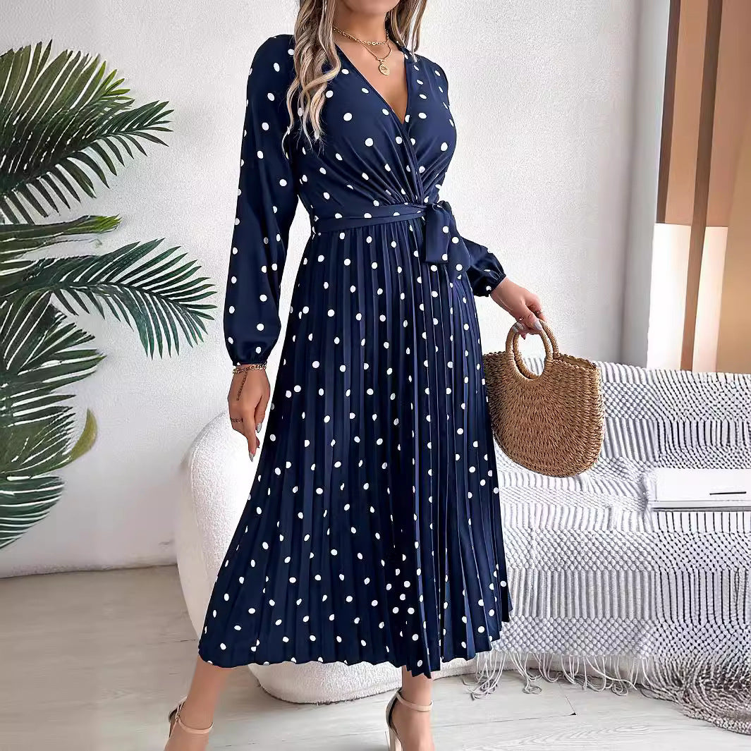 Spring Summer Elegant Long Dress Cross V-Neck Contrast Polka Dot Long Sleeve | Koalakits36