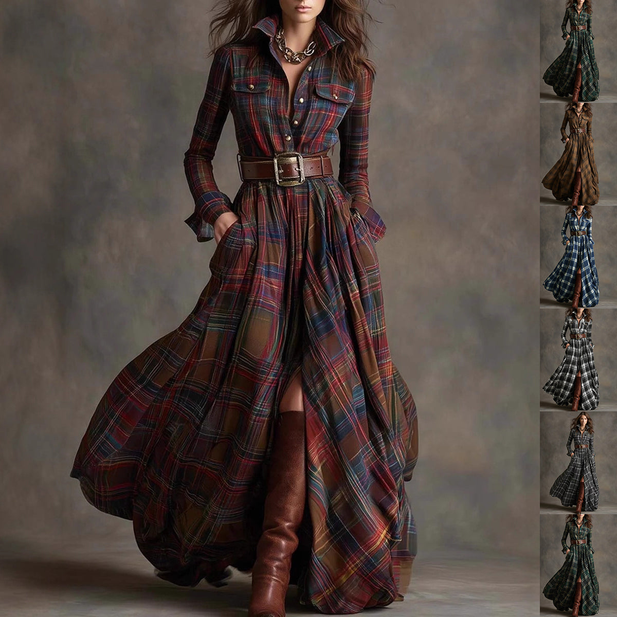 Plaid Print Long-Sleeved Dress Fashion Pockets Collared Buttons Shirt Long Dresses Retro Koalakits36