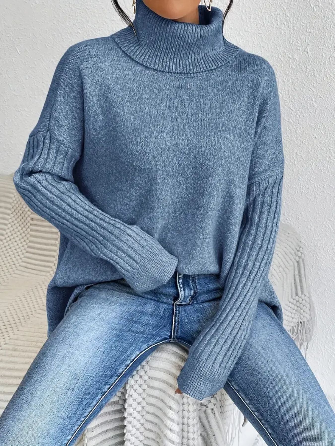 Irregular Turtleneck Sweater Winter Loose Long Sleeve Knitted Tops Leisure Warm Pullover Sweater Koalakits36