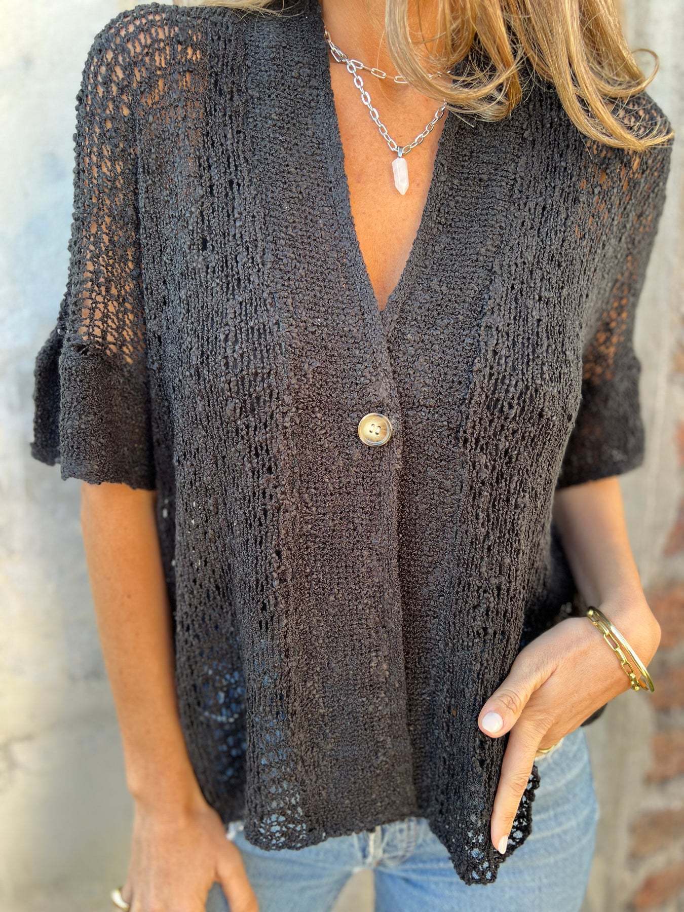 V-neck Single-button Half-sleeved Cardigan Hollow Out Knitted Tops For Women Clothing | Koalakits36