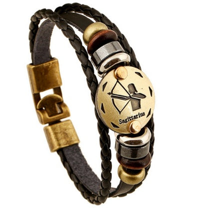 12 Zodiac Constellation Leather Bracelet – Stylish Metal Sign Charm & Beaded Wristband for Men and Women